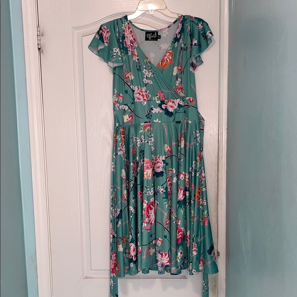 Hell Bunny Teal Dress with flowers and cranes print